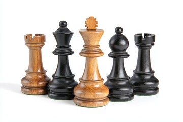 Chess Pieces on White Background - Five wooden chess pieces, two black rooks, a black queen, a black bishop, and a light brown king, arranged on a white background