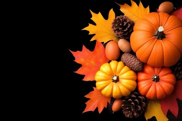 Rustic wooden background with autumn theme: pumpkins, leaves, acorns, and pine cones. Hyper-realistic, cinematic lighting, perfect for fall-inspired projects