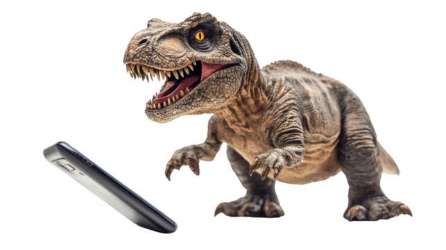 Jurassic Encounter: A colossal Tyrannosaurus Rex, with its ancient eyes fixed on a modern-day mobile phone, creates a humorous juxtaposition of prehistoric power and contemporary tech.