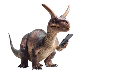 Obraz premium Dinosaur with Smartphone: A captivating image of a dinosaur engrossed in a smartphone, the prehistoric creature seemingly lost in the modern world.