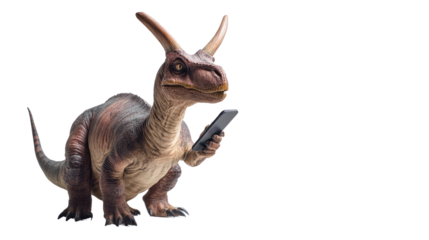 Dinosaur with Smartphone: A captivating image of a dinosaur engrossed in a smartphone, the prehistoric creature seemingly lost in the modern world.