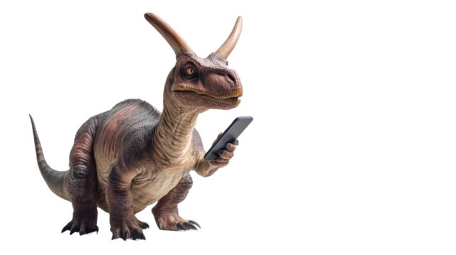 Dinosaur with Smartphone: A captivating image of a dinosaur engrossed in a smartphone, the prehistoric creature seemingly lost in the modern world.