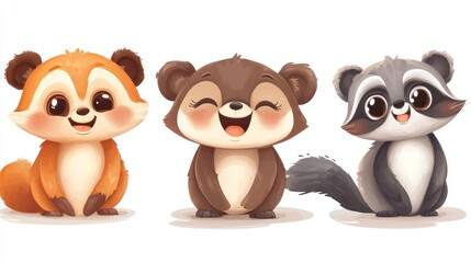 Obraz premium Cute cartoon animals, three adorable, laughing, sitting raccoons and fox.