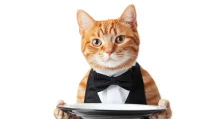 Waiter Cat: An amusing image showcasing a ginger cat dressed as a waiter, holding an empty plate and staring directly at the camera.