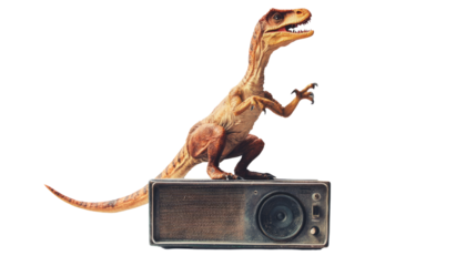 Echoes of the Past: A raptor perched atop a vintage radio, a fusion of prehistoric power and antiquated technology. 