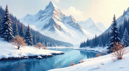 Fototapeta premium Serene Winter Landscape Majestic snow-capped peaks reflected in a tranquil glacial lake, surrounded by a pristine evergreen forest, a picturesque winter wonderland scene.
