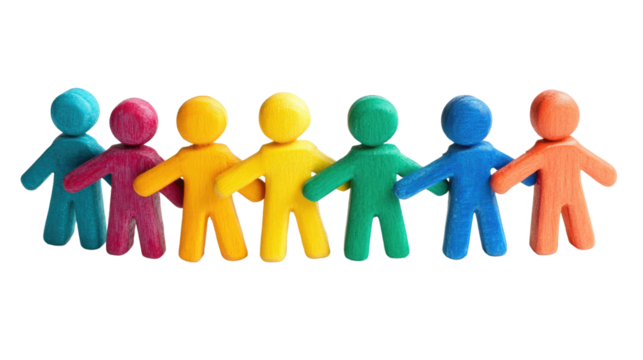 Colorful Clay Figures: A vibrant display of seven interconnected clay figures, each in a unique color, symbolizing unity, diversity, and community.