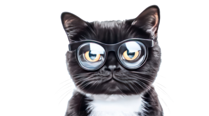 Smart Cat in Spectacles: A close-up studio portrait of a sleek black cat with intelligent eyes wearing stylish eyeglasses, suggesting a sense of intelligence and curiosity.