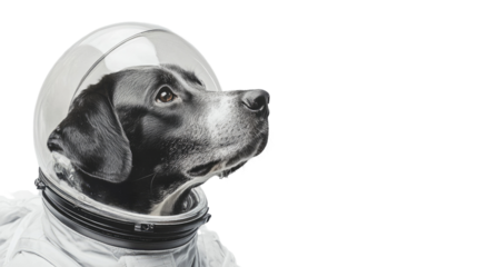Cosmic Canine: A black dog dons a retro astronaut helmet and suit, embarking on an imaginative space journey, this image plays with the concept of exploration and adventure