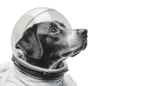 Cosmic Canine: A black dog dons a retro astronaut helmet and suit, embarking on an imaginative space journey, this image plays with the concept of exploration and adventure
