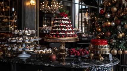 A decadent Christmas dessert display featuring a majestic layered cake, cupcakes, and festive treats, set against a backdrop of a beautifully decorated Christmas tree in an elegant setting.