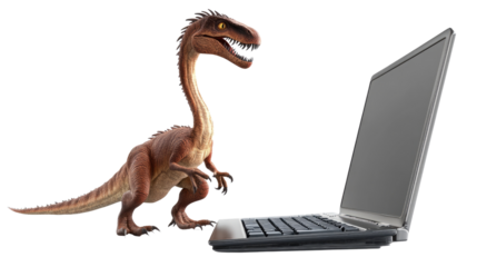 Dino Browsing: A curious dinosaur appears fixated on a laptop, capturing the intersection of past and present. 