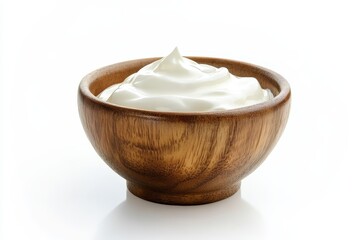 Creamy Yogurt in Wooden Bowl - Delicious creamy yogurt in a rustic wooden bowl, isolated on a white background. Perfect for food blogs, recipe websites, or any project needing a fresh, healthy