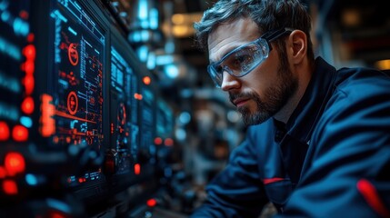 Obraz premium Focused Engineer Monitoring Industrial Control Panel