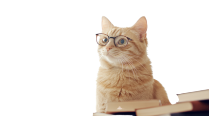 Clever Cat Scholar: A ginger cat wearing glasses sits atop a stack of books, exuding intelligence and curiosity, inviting viewers into a world of learning and whimsy. 