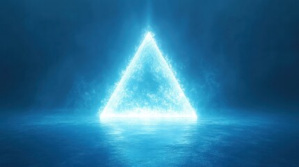 A vibrant blue triangle emerges from a serene water surface, illuminated by a mystical glow, creating an enchanting and ethereal atmosphere.