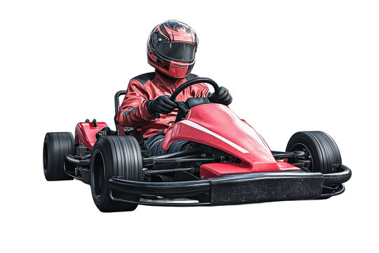 Child racing go kart in motion at a track