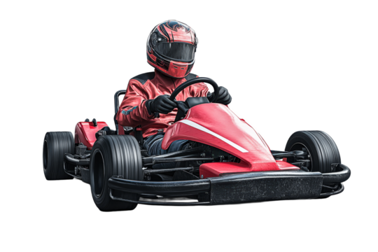 Child racing go kart in motion at a track