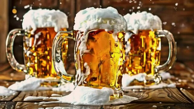 Frothy beer mugs on wooden table, rustic background