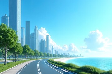 Fototapeta premium Outdoor photo of daylight blue sky, roads view, futuristic city beach with green trees and modern buildings, side medium angle