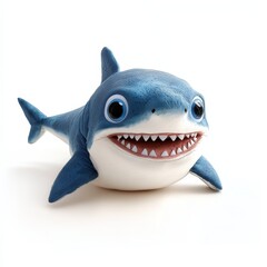 Cute Cartoon Shark on White Background - Adorable cartoon shark, happy expression, big eyes, friendly, playful, underwater theme. Symbolizes fun, friendship, ocean, marine life, childhood