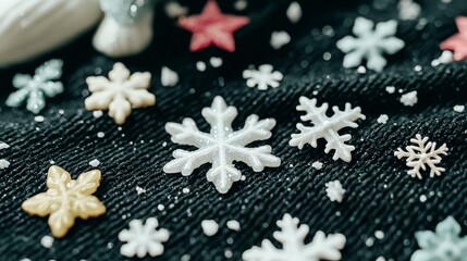 Fototapeta premium Festive Winter Snowflakes on Black Fabric Holiday Background