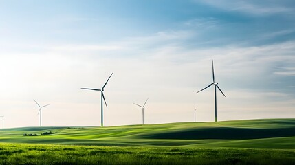 Serene Landscape with Wind Turbines Under a Clear Sky Symbolizing Renewable Energy – Generative AI