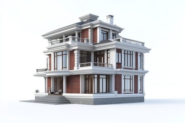 Elegant Brick House Architectural Design - Modern architectural design of a two-story brick house with white trim, balconies, and a spacious front porch, set against a white background