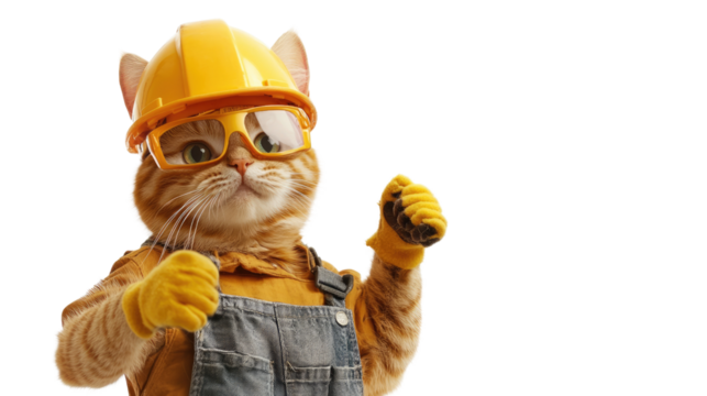 Whiskers and Workboots: A charming ginger cat, adorned with a construction helmet and safety glasses, dons overalls and work gloves, playfully striking a pose as if ready for a day on the job.