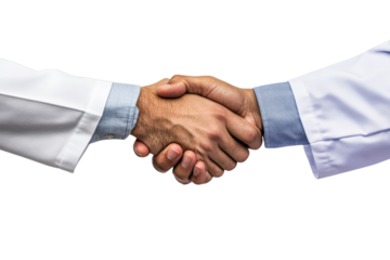 Two people shaking hands in white coats