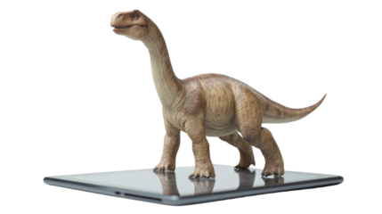 Dinosaur's Digital Dawn: A realistic dinosaur model, with its elongated neck and textured skin, stands atop a sleek digital tablet, the scene set against a clean, modern backdrop.