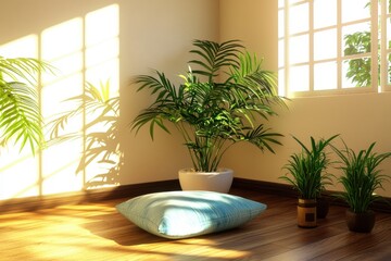 Serene indoor ambiance with sunlight streaming through window onto lush plants and a soft blue cushion on wooden floor creating a tranquil scene