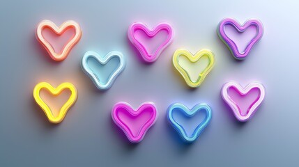 Obraz premium A collection of neon-inspired candy hearts with glowing outlines, vivid Valentine's colors, futuristic cut-out style on a clean background