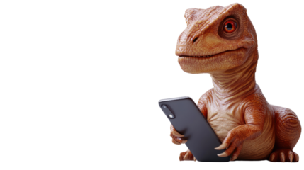 Dino-Tech: A captivating studio shot of a small, charming dinosaur figurine engrossed in using a modern smartphone.