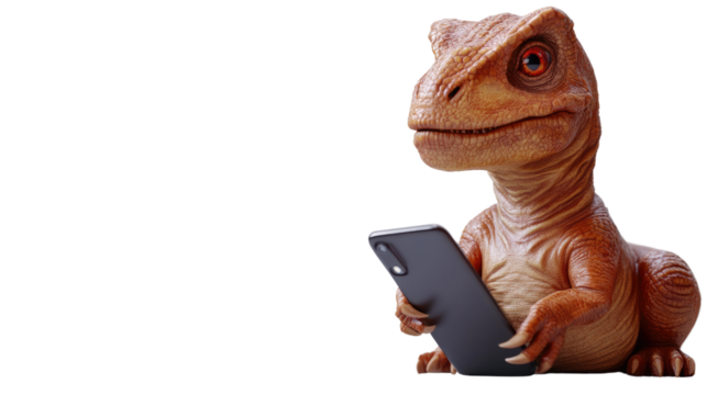 Dino-Tech: A captivating studio shot of a small, charming dinosaur figurine engrossed in using a modern smartphone.