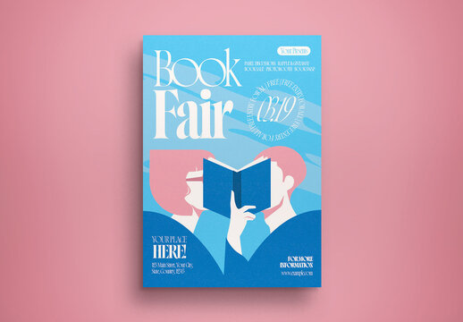 White and Blue Flat Illustration Book Fair Flyer Layout