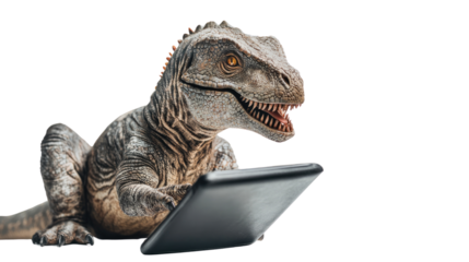 Dino Tech: A modern digital tablet is held by an anthropomorphic dinosaur, blending prehistoric charm with contemporary technology, creating a humorous and thought-provoking contrast.