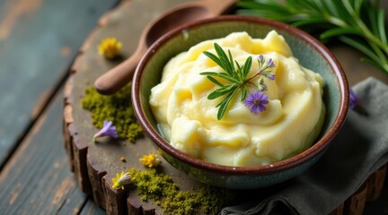 Creamy Delicate Custard in a Rustic Bowl, Garnished with Fresh Herbs and Delicate Blossoms, Presented on a Wooden Surface