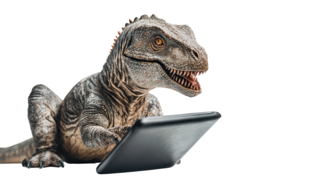 Dino Tech: A modern digital tablet is held by an anthropomorphic dinosaur, blending prehistoric charm with contemporary technology, creating a humorous and thought-provoking contrast.