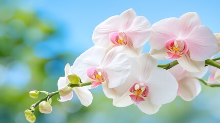 Elegant White Phalaenopsis Orchids Blooming in Soft Sunlight Close Up Photography