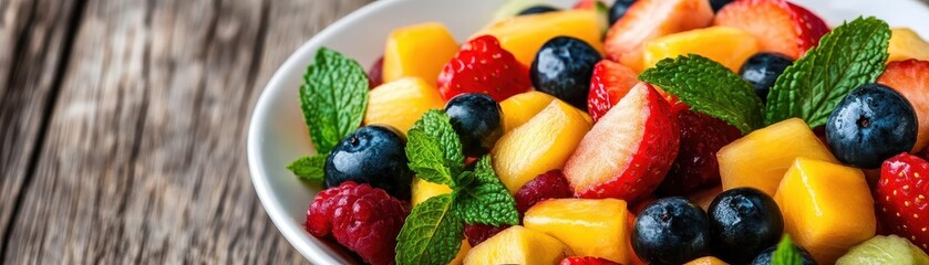 Obraz premium Close-up of a vibrant fruit salad with mint leaves, breakfast, fresh flavors, 3D illustration