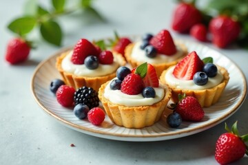 Creamy custard tarts topped with a medley of fresh berries, a delightful summer treat