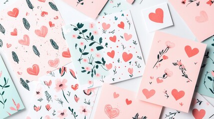 A set of assorted Valentine's Day cards featuring romantic designs, heart cut-outs, floral patterns, soft pastel tones, isolated on a white background