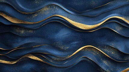 An abstract background featuring elegant wavy patterns in deep blue and rich gold tones, ideal for creative projects and modern designs.