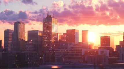 Obraz premium Cityscape Sunset: Golden Hour Panorama of Urban Skyline