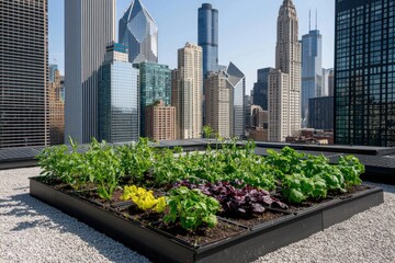 Fototapeta premium Urban rooftop garden in Chicago Illinois with vibrant plants and modern architecture creating a sustainable cityscape and fresh produce