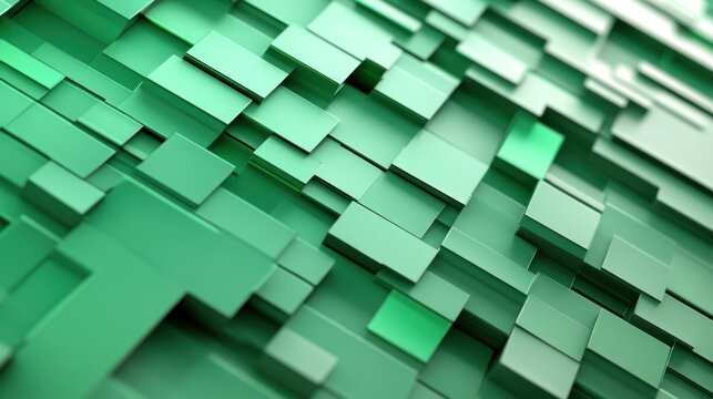 An abstract composition of green geometric shapes layered and stacked, creating a modern, tech-inspired visual effect suitable for various projects.