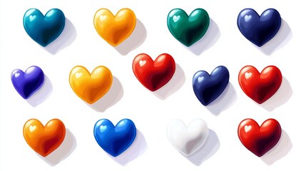 Fototapeta premium A set of pixel art-style hearts in different colors and pixel sizes, retro gaming vibe, neatly arranged, cut out, white background