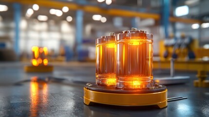 Illuminated amber safety beacons in industrial setting reflecting light on metal surface for hazard awareness and workplace safety with blurred factory background