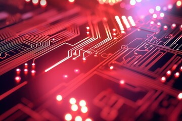 Futuristic red circuit board design showcasing technological advancement and digital connectivity in a modern abstract style with a shallow depth of field